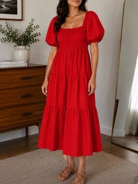 Meadow Rhodes Red Cotton Puff Sleeve Midi Dress Large NWT